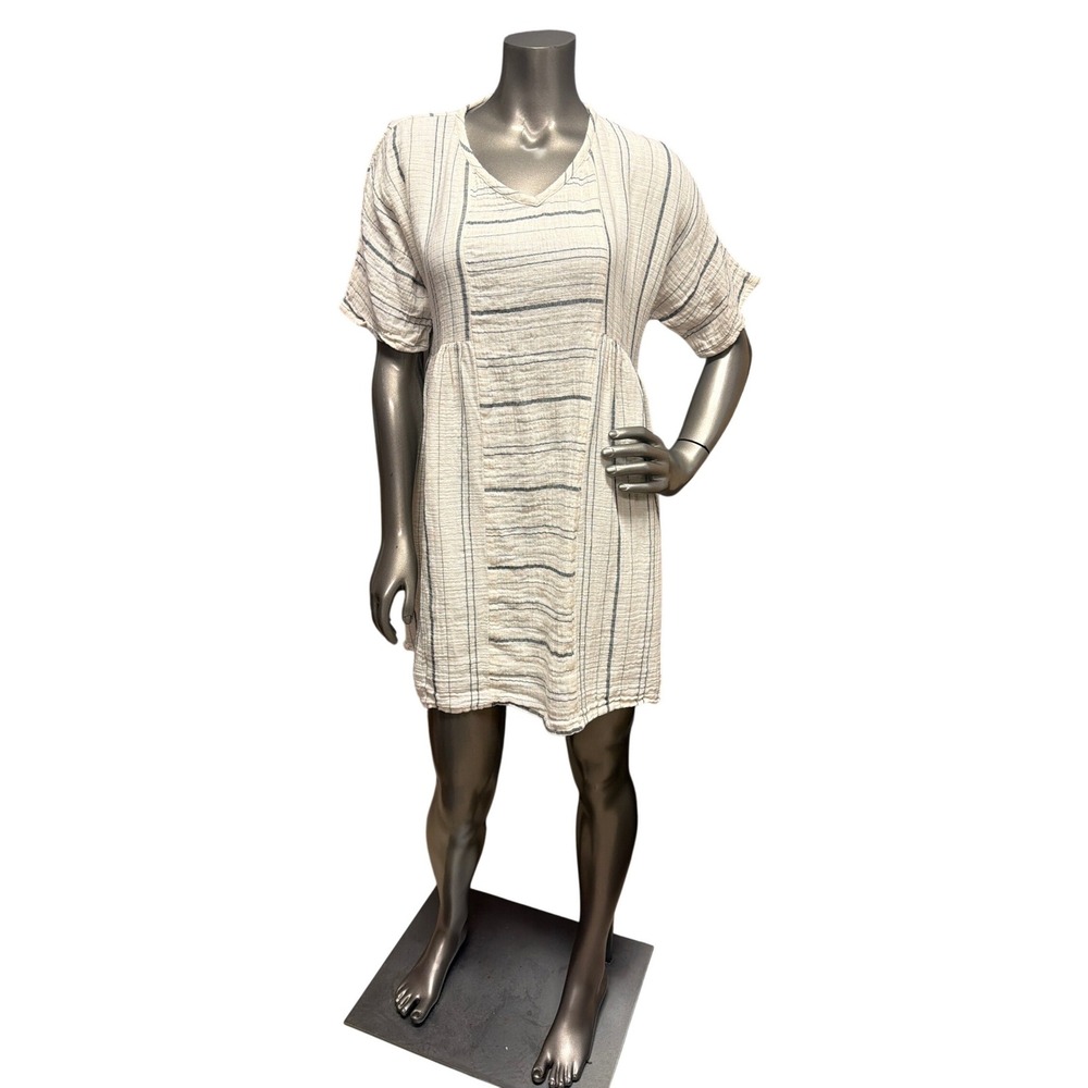 World Market‎ Women Free Size Striped Cotton Gauze V-Neck Boho Tunic Dress Cream